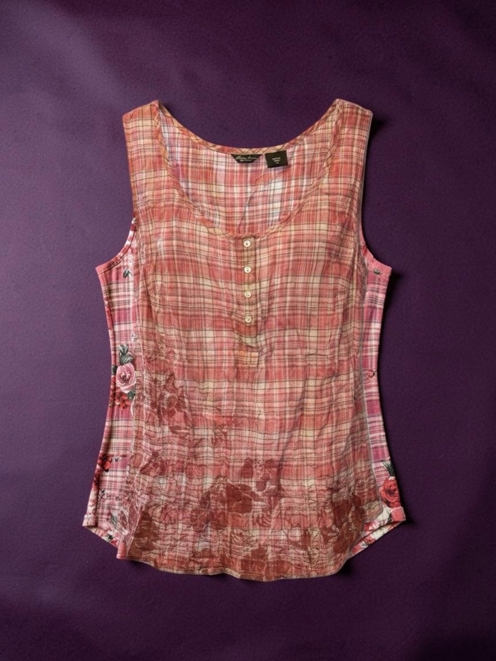 Eddie Bauer Pink Plaid Floral-Trim Sleeveless Tank